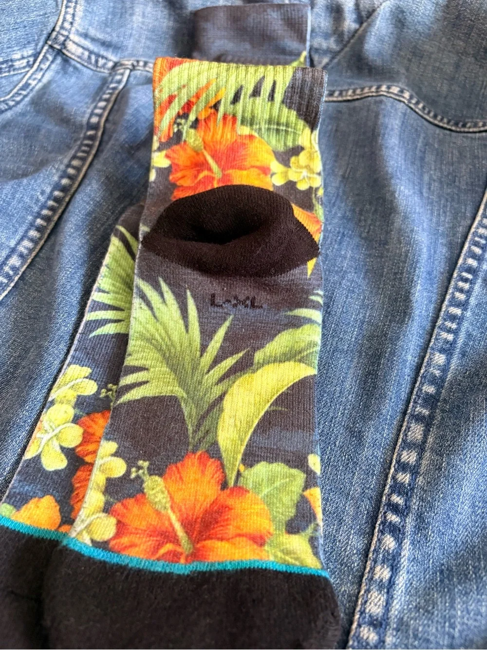 Stance Black Crew Socks with Orange Hibiscus and Green Foliage